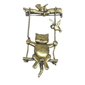 Vintage JJ Happy Cat On Swing Brooch With Birds In Silver Tone Metal 2.5"